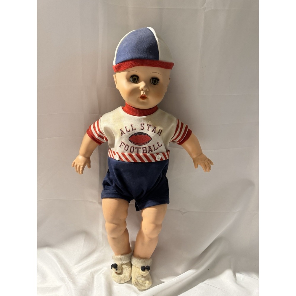 Vintage 22" Baby Doll Molded Hair Working Sleep Eyes All Star Football Outfit